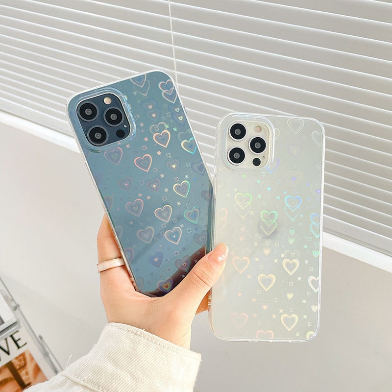 Fashion Gradient Laser Love Heart Pattern Clear Phone Case For iPhone