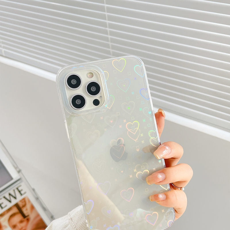 Fashion Gradient Laser Love Heart Pattern Clear Phone Case For iPhone